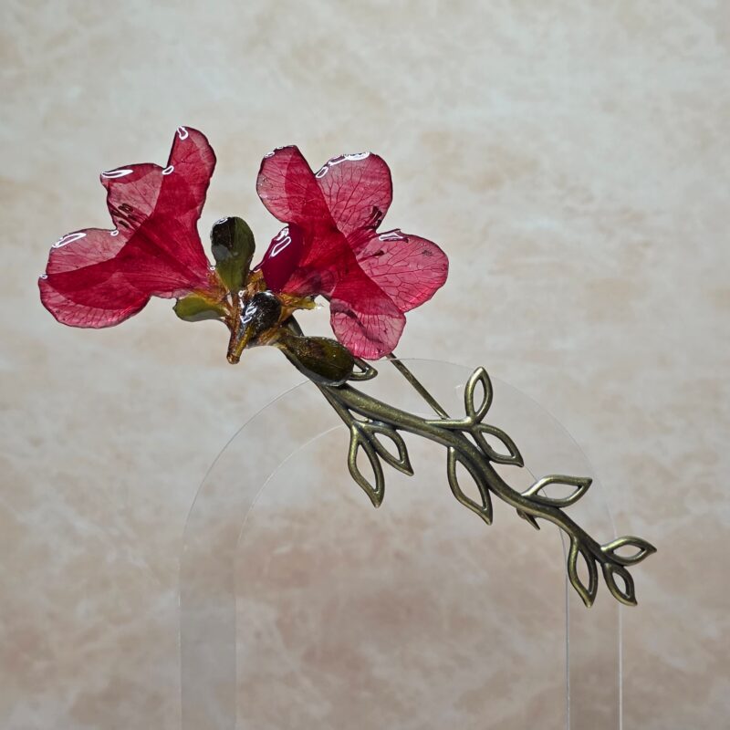 Deep red azalea on bronze pin