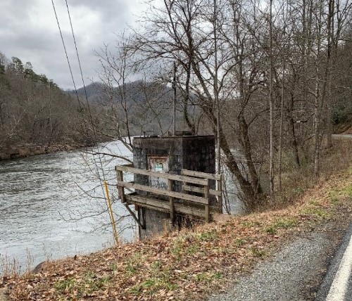 Real location photograph from the 2020 Needmore Road report: river gauge platform beside the Little Tennessee River. Taken after the alleged sighting; no purported Bigfoot is visible.