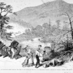 Historical 1874 engraving depicting Bald Mountain in North Carolina during the rumbling mountain reports