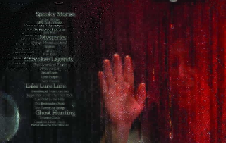 A hand pressed against the rain-covered window of a car, illuminated red — cover of Foothills Digest's Ghosties, Witches, Haints & Spirits issue