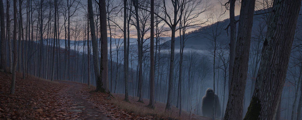 Illustration of a mysterious dark figure among foggy winter trees overlooking the North Carolina foothills; not an authentic photograph of Knobby.