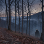 Illustration of a mysterious dark figure among foggy winter trees overlooking the North Carolina foothills; not an authentic photograph of Knobby.