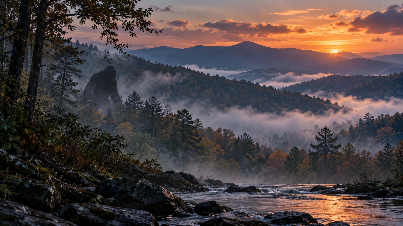 Conceptual Bigfoot artwork: a large shadowy figure among misty Appalachian mountains and a rocky river at sunset; a creative illustration, not documentary evidence.