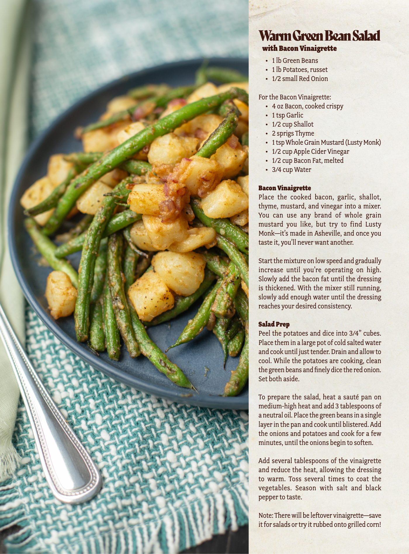 Original Foothills Digest magazine photography and design accompanying Warm Green Bean Salad with Bacon Vinaigrette