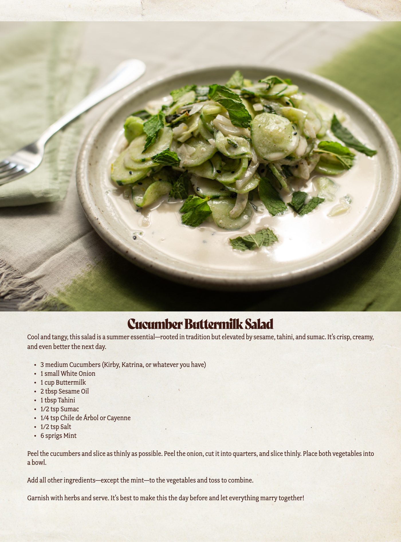 Original Foothills Digest magazine photography and design accompanying Cucumber Buttermilk Salad