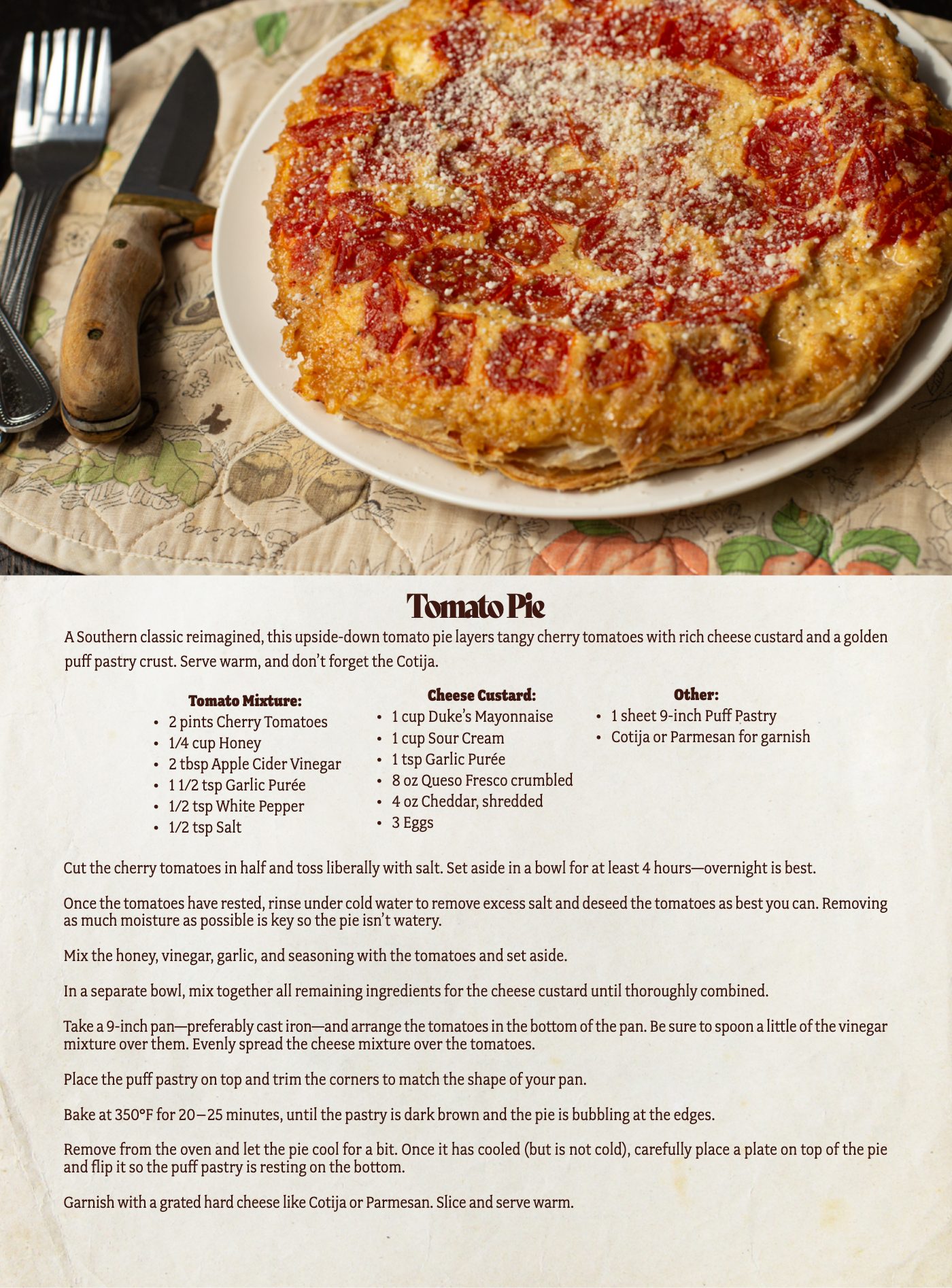 Original Foothills Digest magazine photography and design accompanying Upside-Down Tomato Pie