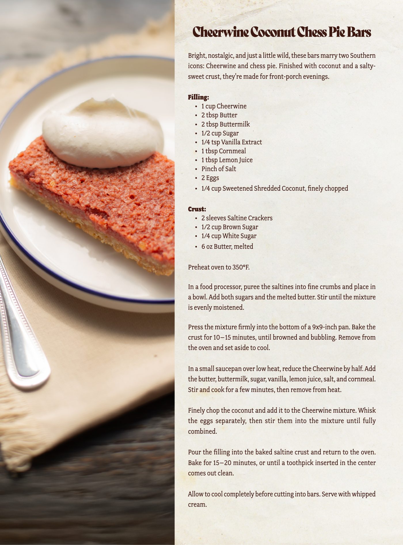 Original Foothills Digest magazine photography and design accompanying Cheerwine Coconut Chess Pie Bars
